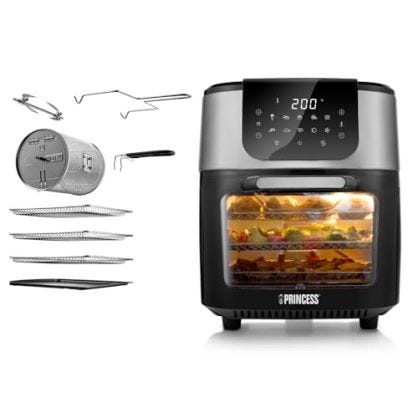 Princess 182075 Freidora sin Aceite y Horno de Aire Caliente con Cesta Giratoria, Multifunción, Accesorios Incluidos, 10 Programas, Pantalla Digital Táctil, 1800 Watts, 11 L, 30 Recetas, Negro/Plata