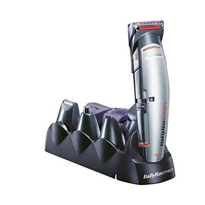 BaByliss E837E Cortapelos para cara, cabello y cuerpo, con cuchillas profesionales W-tech y 10 accesorios, color negro y gris, unisex.