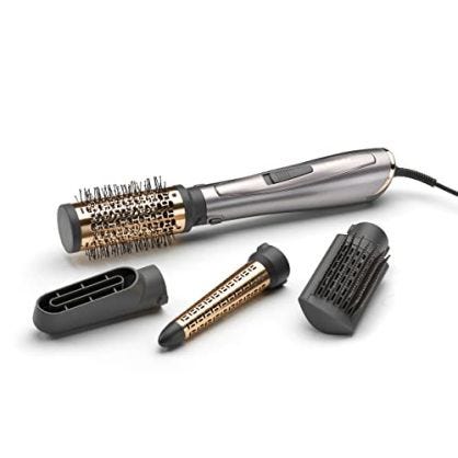 BaByliss AS136E Cepillo de aire 1000W, iónico, 4 accesorios, para alisar, cabezal pre-secado, para ondular y cepillo térmico de 50 mm para moldear, 3 velocidades y temperaturas, Plateado-oro Rosado