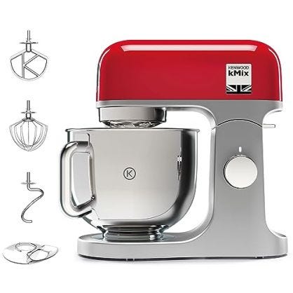 Kenwood kMix KMX750RD - Robot de Cocina Multifunción, 1000 W, Bol Metálico de 5 L con Asa, Gancho para Amasar, Varillas, Mezclado K, Acero Inoxidable, 6 Velocidades, Color Rojo