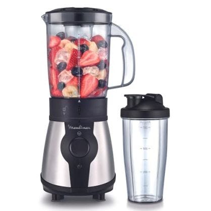 Moulinex Blend&Go LM1B1D - Batidora de vaso de 300 W, batidora smoothie con jarra de plástico de 750 ml, incluye botella portátil de 750 ml, 4 cuchillas extraíbles, acabados en acero inoxidable