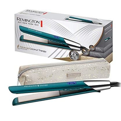 Remington Plancha de Pelo Advanced Coconut Therapy, Cerámica Avanzada con Coco y Filtros UV, Placas Flotantes Extralargas, 5 Temperaturas hasta 230°C, Digital, S8648, Verde