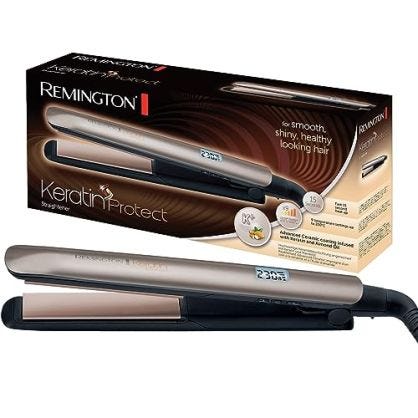 Remington Plancha de Pelo Keratin Protect, Queratina y Aceite Almendras, Placas Flotantes Extralargas, Resultados Profesionales, Cerámica, 9 Temperaturas hasta 230°C, Digital, Color Marrón, S8540